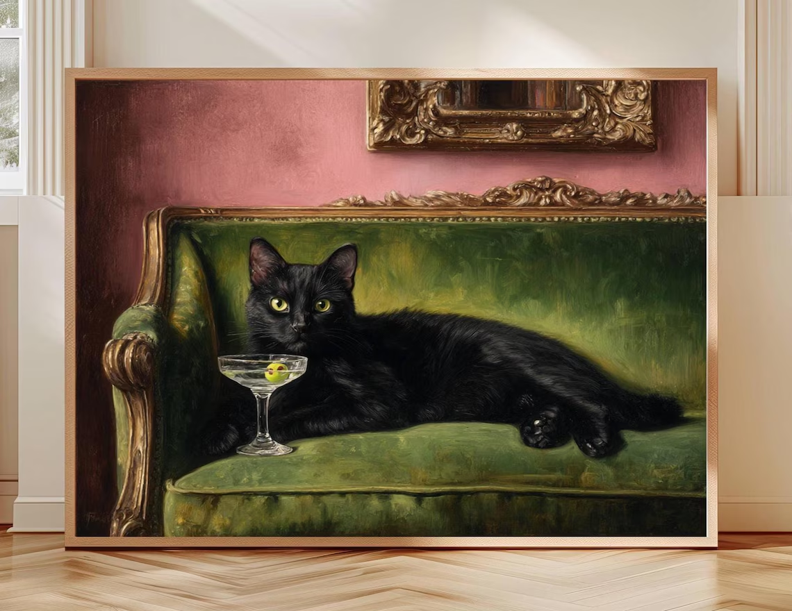 Photography Hobby - Black Cat Martini Oil Painting Print